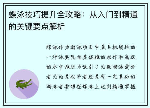 蝶泳技巧提升全攻略：从入门到精通的关键要点解析